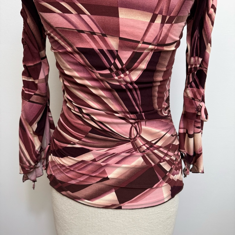 Classy- Vintage Pink and Burgundy Abstract Ruched Tie-Sleeve Blouse-Y2K - Picture 12 of 13